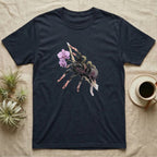 Pink-Toe Tarantula Blossom T-Shirt in Navy — Watercolor illustration of a charcoal pink-toe tarantula with salmon toe tips holding an orchid blossom sprig, on a dark grey t-shirt.