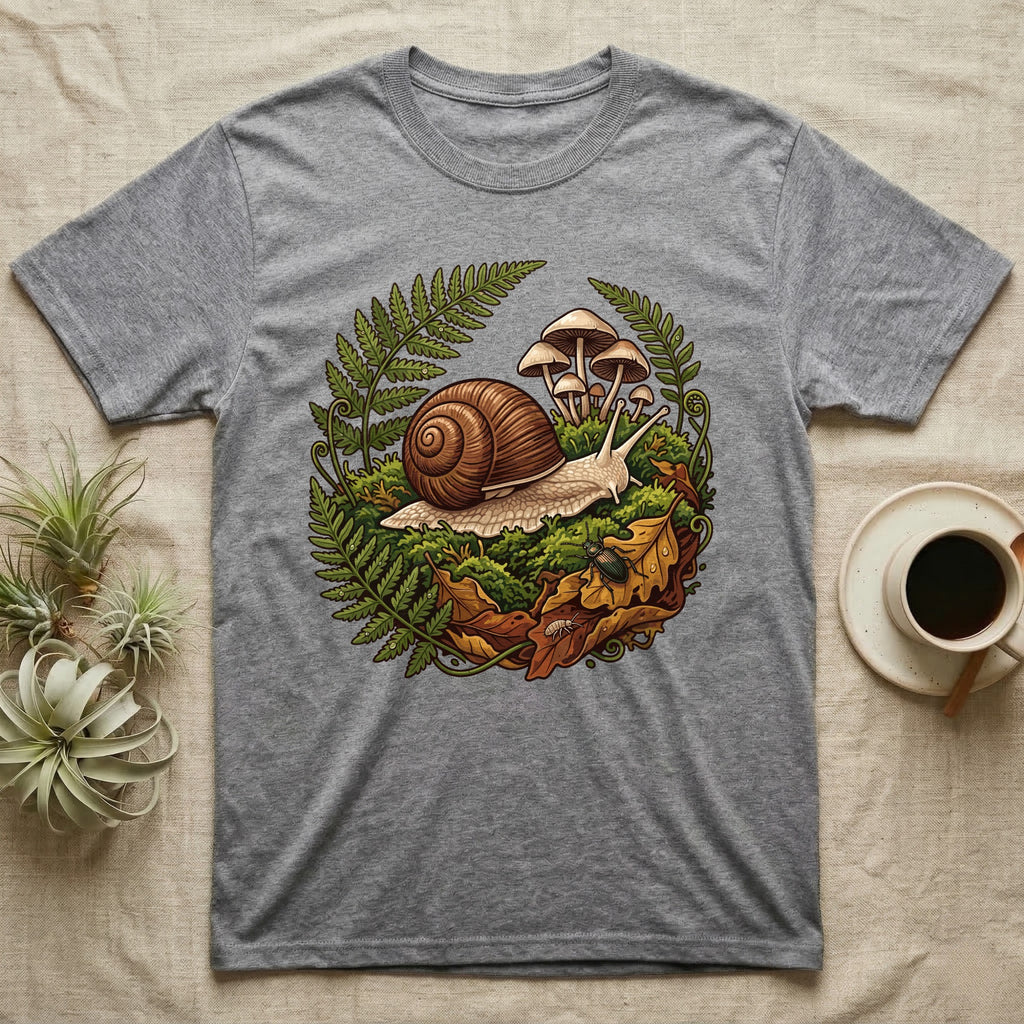 Garden Snail Moss Terrarium T-Shirt in Sport Grey — Garden snail crossing moss inside a circular forest vignette of ferns, mushrooms, oak leaves and a beetle.