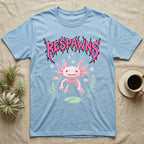 Axolotl Feral T-Shirt in Light Blue — Smiling pink axolotl floating in a pastel underwater scene under a spiky hot-pink metal wordmark reading RESPAWNS.