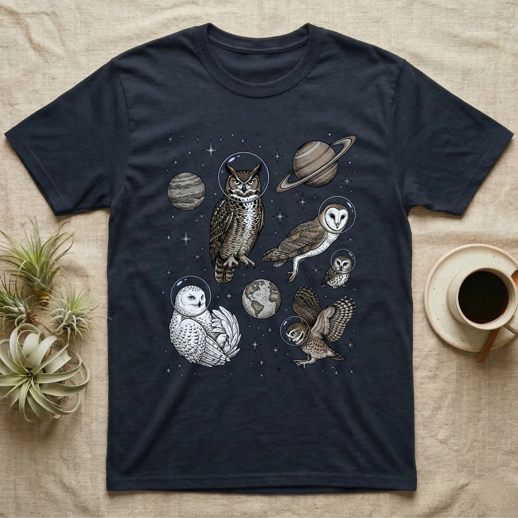 Dark t-shirt with owls in space, planets, and stars illustration.