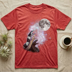 California Kingsnake Moon Howl T-Shirt in Heather Red — Three California Kingsnake colour morphs howling at a full moon over a nebula on a dark grey t-shirt.