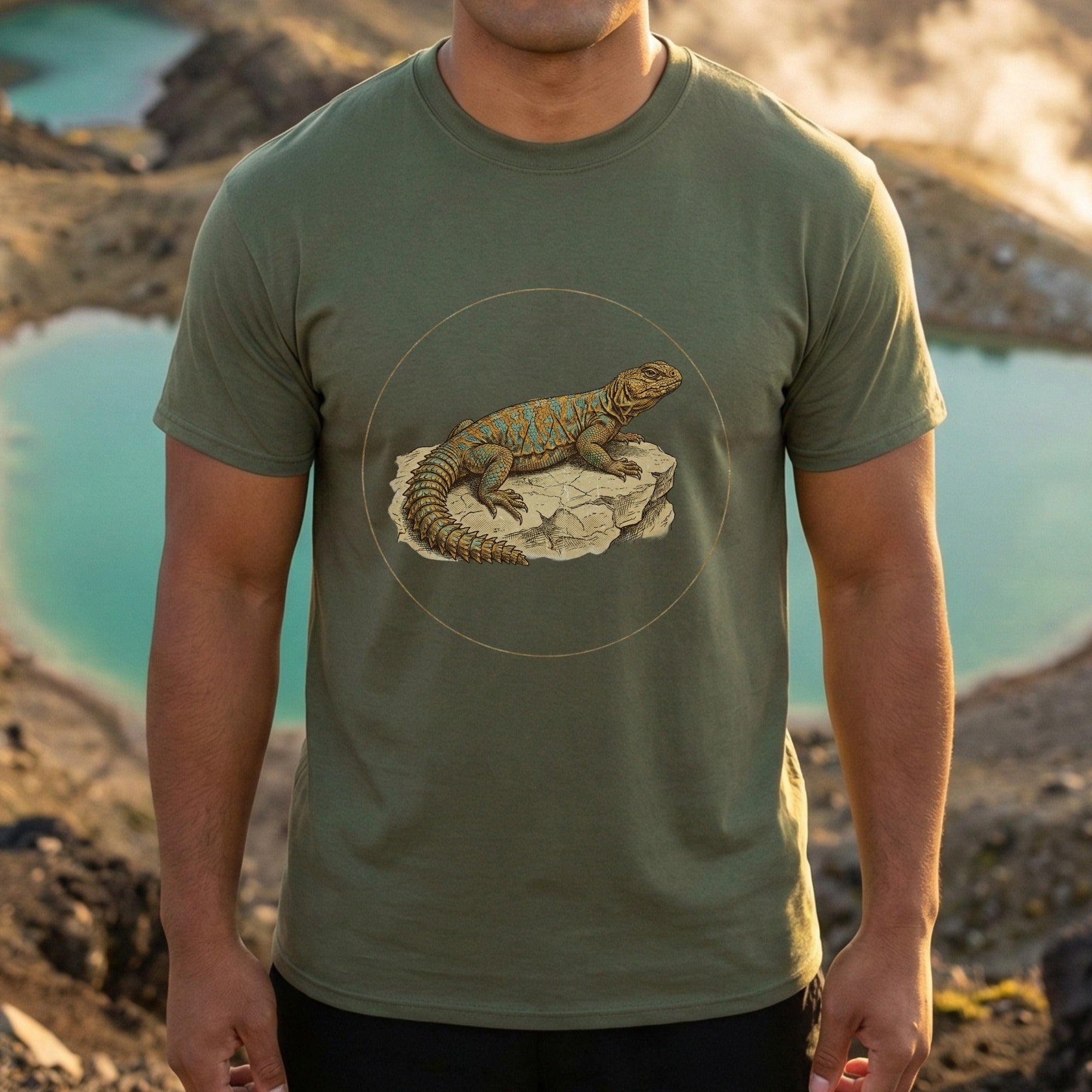 Lizard On Rock Graphic Art Green Tee Fashion Item
