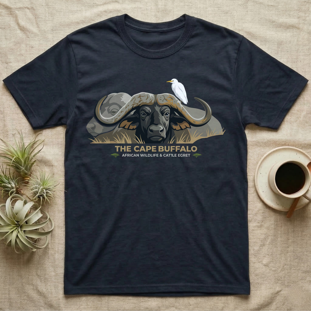 Dark t-shirt with a graphic of a Cape Buffalo and egret, text reads "THE CAPE BUFFALO AFRICAN WILDLIFE & CATTLE EGRET".