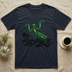 Dark t-shirt with a green praying mantis illustration on a branch.