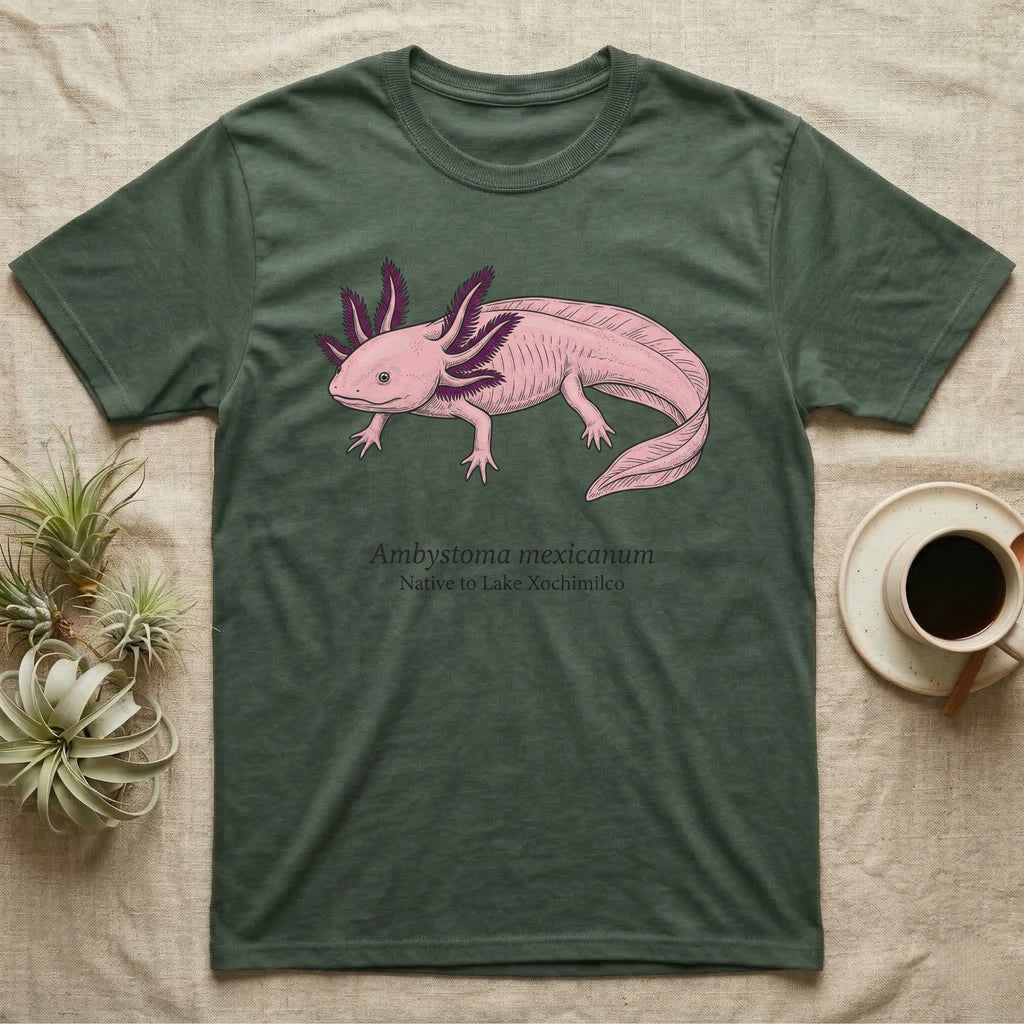 Green t-shirt with pink axolotl illustration and text "Ambystoma Mexicanum Native to Lake Xochimilco".
