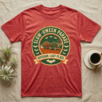 Tortoise Slow-oween Parade T-Shirt in Heather Red — Distressed badge of a witch-hatted tortoise pulling a pumpkin wagon, "Slow-oween Parade, Division Last Place."