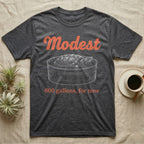 Snapping Turtle Modest T-Shirt in Dark Heather — White-line engraving of a huge snapping turtle in a stock tank under orange Modest script and a serif line