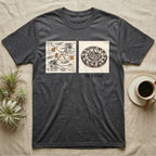 He's Fine Ball Python T-Shirt in Dark Heather — Two-panel illustration of a frantic conspiracy board beside a serene coiled ball python captioned "He's Fine."