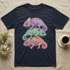T-shirt featuring three stacked chameleons in pastel colors.