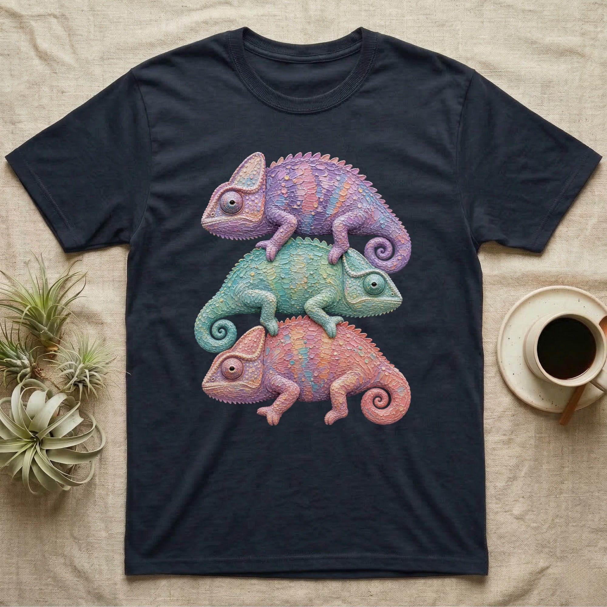 T-shirt featuring three stacked chameleons in pastel colors.
