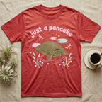Spiny Softshell Turtle Baby T-Shirt in Heather Red — Pastel spiny softshell turtle with flat shell and snorkel nose among lily pads, puffy pink wordmark "just a pancake" above.