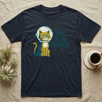 Dark blue t-shirt with a grumpy cat in a spacesuit and the text "THIS IS AN OUTRAGE".
