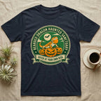 Bearded Dragon Haunted Sanctuary T-Shirt in Navy — Vintage badge of a bearded dragon on glowing pumpkins under a moon, "Bearded Dragon Haunted Sanctuary."