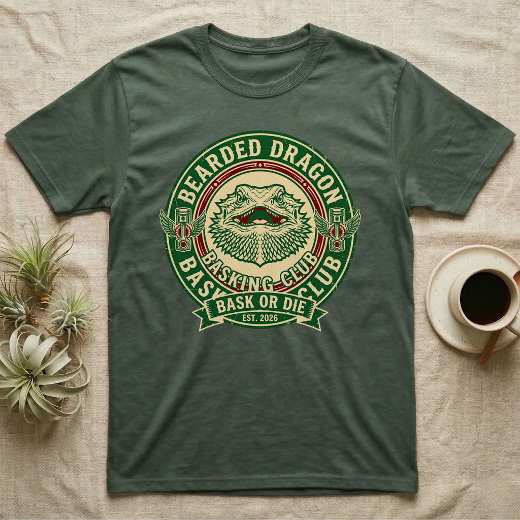Green t-shirt with distressed circular graphic featuring a bearded dragon and "Bearded Dragon Basking Club Est. 2026".