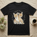 Black t-shirt with watercolor illustration of two foxes framed by leaves and branches.