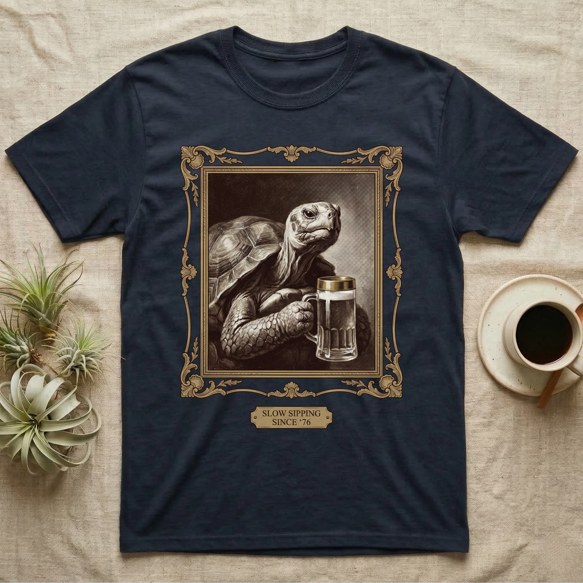 Slow Sipping Tortoise T-Shirt in Navy — Old-master oil portrait of a dignified tortoise holding a beer stein with a brass "Slow Sipping Since '76" plaque.