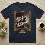 Slow Sipping Tortoise T-Shirt in Navy — Old-master oil portrait of a dignified tortoise holding a beer stein with a brass "Slow Sipping Since '76" plaque.