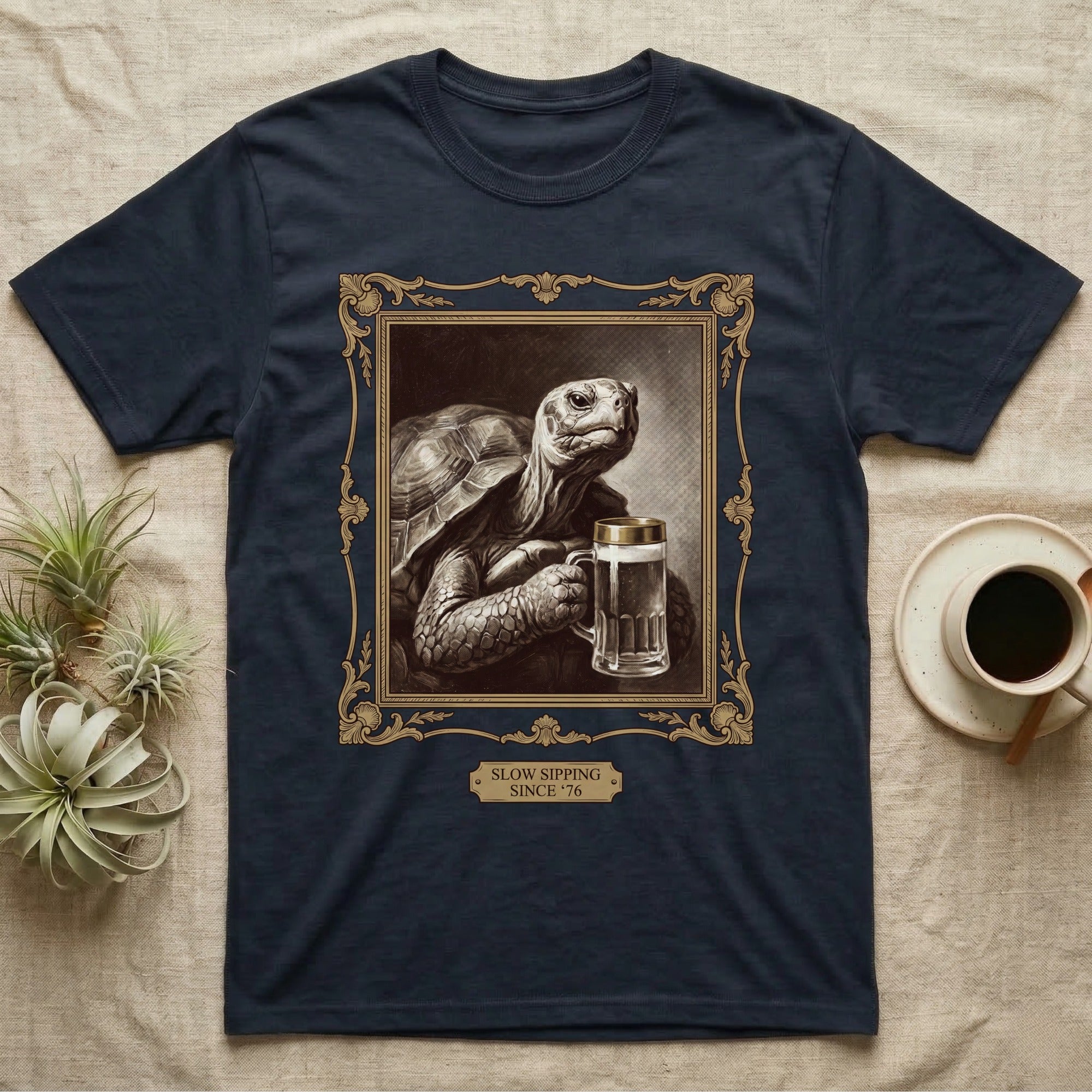 Slow Sipping Tortoise T-Shirt in Navy — Old-master oil portrait of a dignified tortoise holding a beer stein with a brass "Slow Sipping Since '76" plaque.