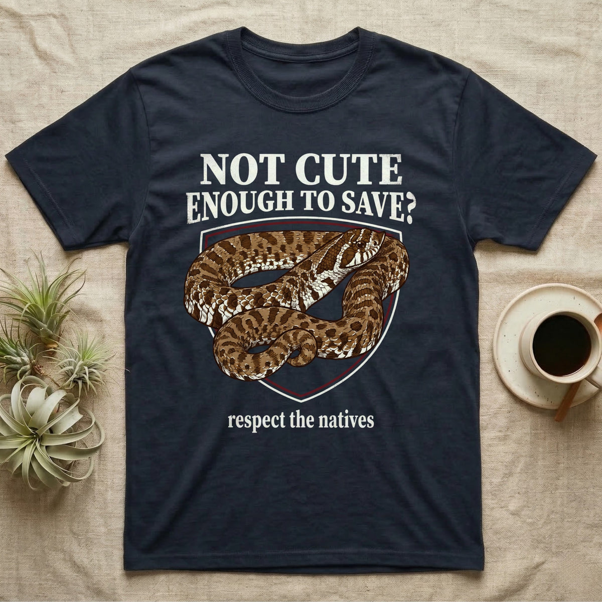 Hognose Snake Conservation T-Shirt in Navy — Vintage-poster illustration of a western hognose snake portrait in a sepia crest with conservation banner text.