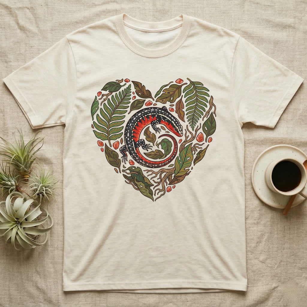 Cream t-shirt with heart-shaped lizard and botanical illustration.
