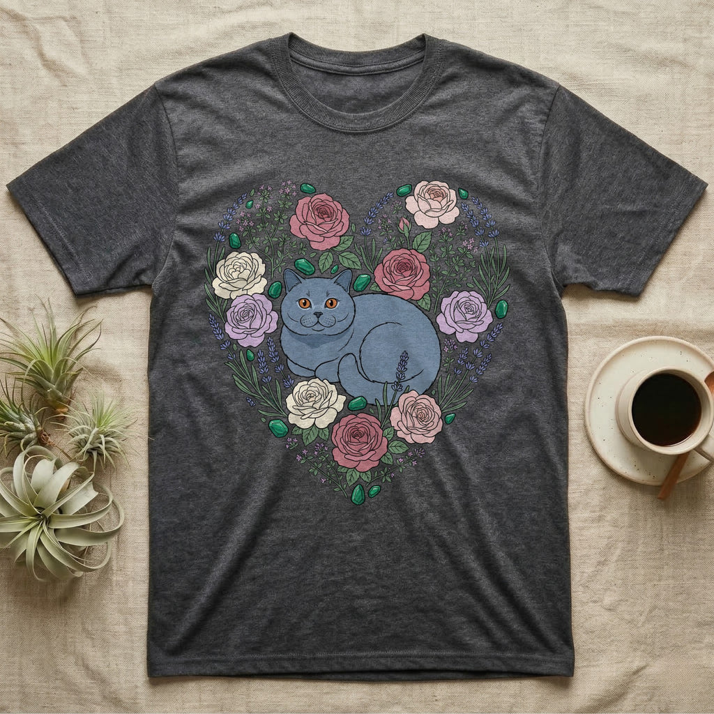 Gray t-shirt with a heart-shaped floral design featuring a blue cat.