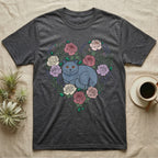 Gray t-shirt with a heart-shaped floral design featuring a blue cat.