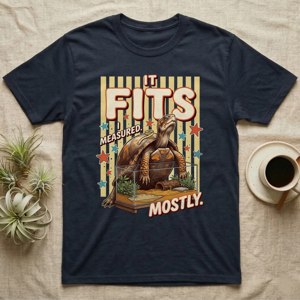 Box Turtle Enclosure Upgrade T-Shirt in Navy — Engraved box turtle sitting beside a huge planted glass terrarium under fat IT FITS club lettering.