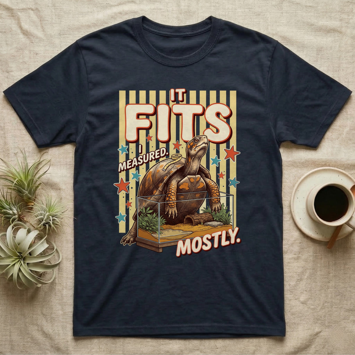 Box Turtle Enclosure Upgrade T-Shirt in Navy — Engraved box turtle sitting beside a huge planted glass terrarium under fat IT FITS club lettering.
