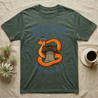 Corn Snake Don't Shed T-Shirt in Military Green — Cartoon orange snake in a tricorn hat coiled around the Liberty Bell with text Don't Shed On Me.