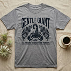 Emperor Scorpion Gentle Giant T-Shirt in Sport Grey — Folk woodblock crest of an emperor scorpion under an arched GENTLE GIANT headline, flanked by palm fronds.