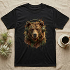 Black t-shirt featuring a painted brown bear wearing headphones and colorful paint splatters.