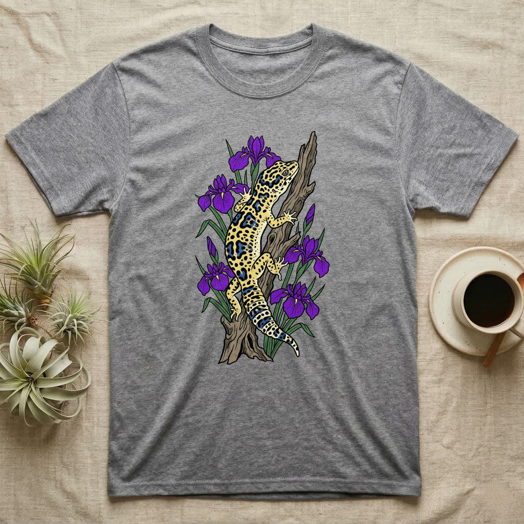 Grey t-shirt featuring a leopard gecko on a branch with purple irises.