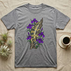 Grey t-shirt featuring a leopard gecko on a branch with purple irises.