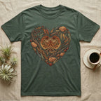Green t-shirt with a heart-shaped design featuring a frilled lizard and natural elements.