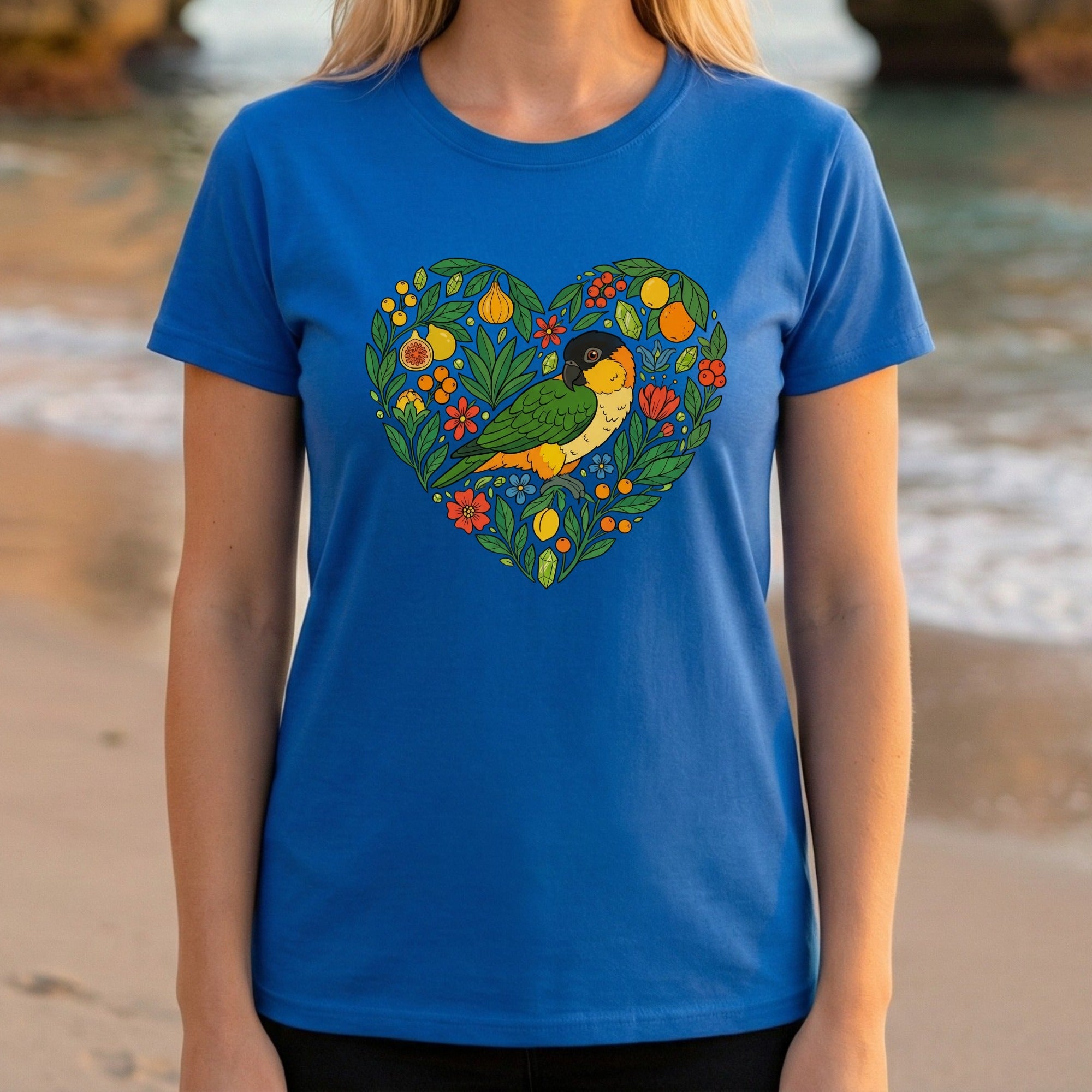 Vibrant Parrot and Floral Heart Design Women's Shirt