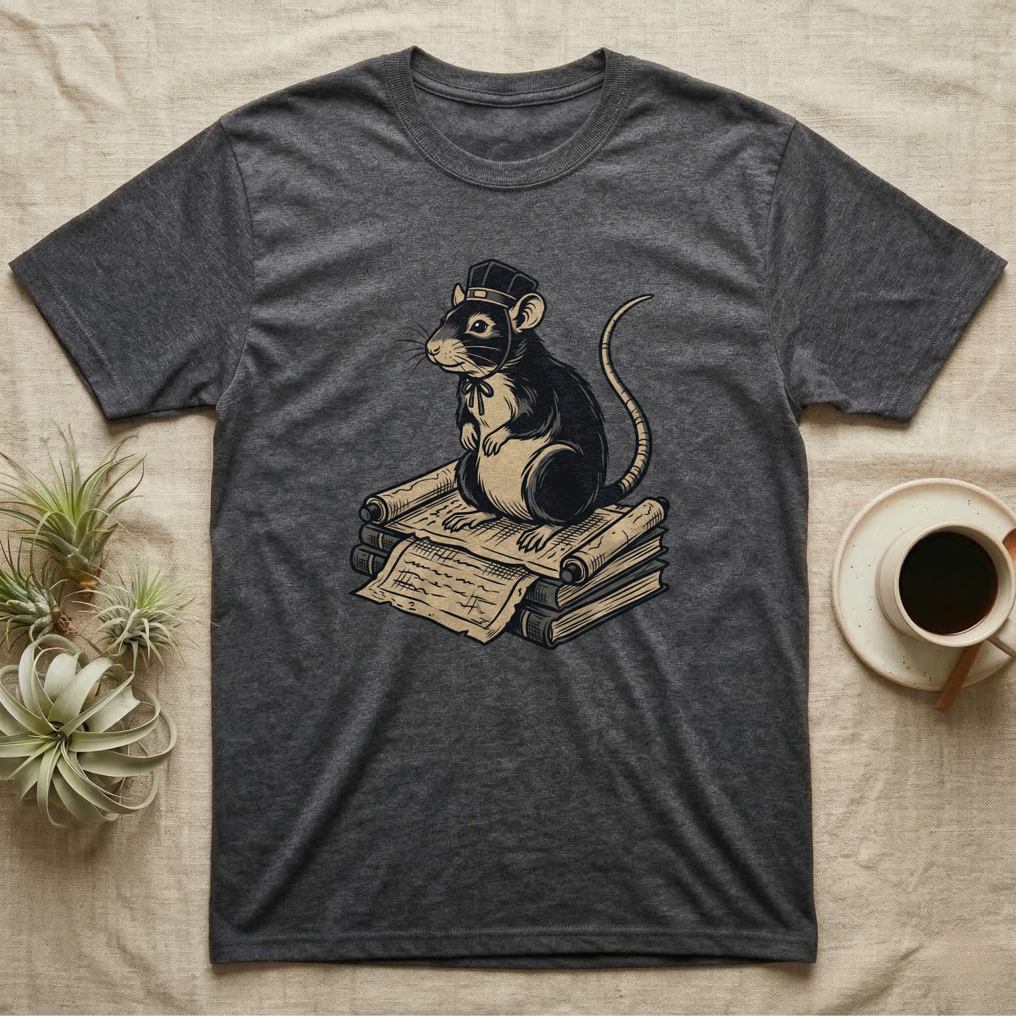 T-shirt featuring a cartoon rat in a hat sitting on a stack of old documents.
