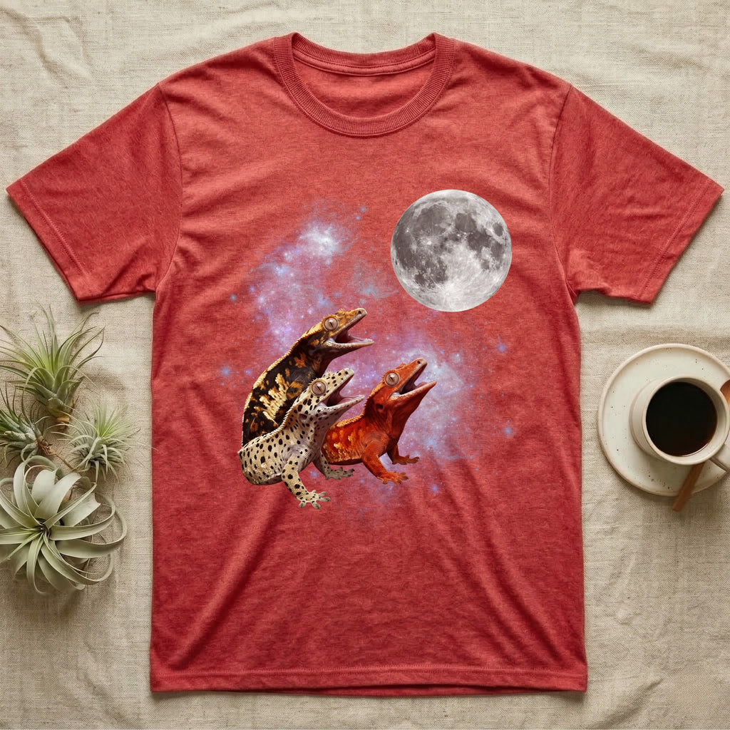 Crested Gecko Moon Howl T-Shirt in Heather Red — Three Crested Gecko colour morphs howling at a full moon over a nebula on a dark grey t-shirt.