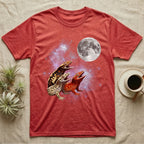 Crested Gecko Moon Howl T-Shirt in Heather Red — Three Crested Gecko colour morphs howling at a full moon over a nebula on a dark grey t-shirt.