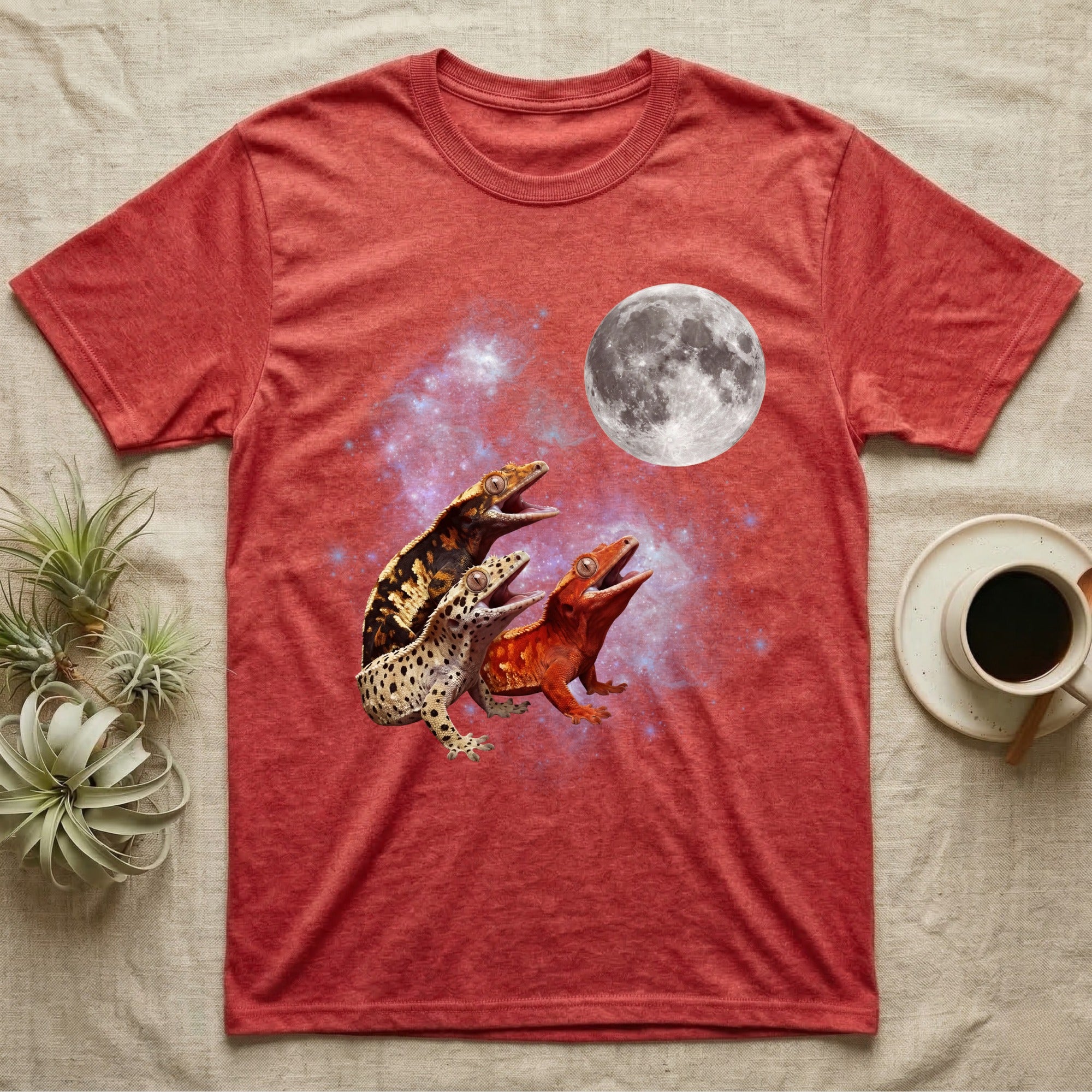 Crested Gecko Moon Howl T-Shirt in Heather Red — Three Crested Gecko colour morphs howling at a full moon over a nebula on a dark grey t-shirt.
