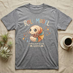Roly Poly Isopod Roll Model T-Shirt in Sport Grey — Storybook roly poly curled into a roll with starry eyes and confetti under hand-lettered "Roll Model".