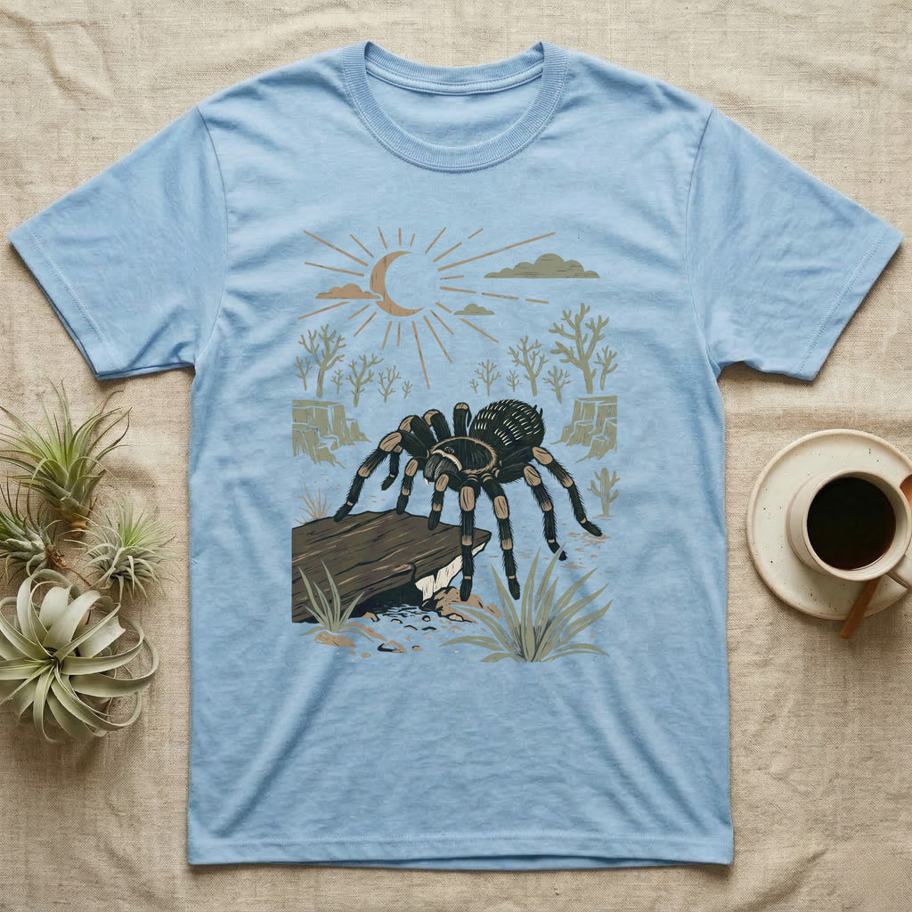 Red-Knee Tarantula Home Range T-Shirt in Light Blue — Woodcut-style illustration of a Mexican red-knee tarantula at its burrow entrance under a rock slab with desert scrub behind, no on-shirt text.