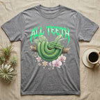 Emerald Tree Boa Feral T-Shirt in Sport Grey — Coiled emerald tree boa on a branch below a dripping emerald-green metal "All Teeth" wordmark