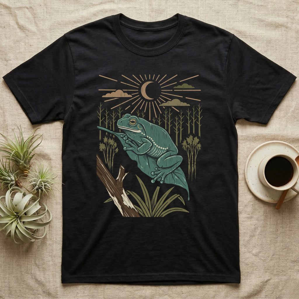 White's Tree Frog Home Range T-Shirt in Black — Woodcut-style illustration of a White's tree frog resting on a broad wet leaf with reed stems and a crescent moon behind, no on-shirt text.