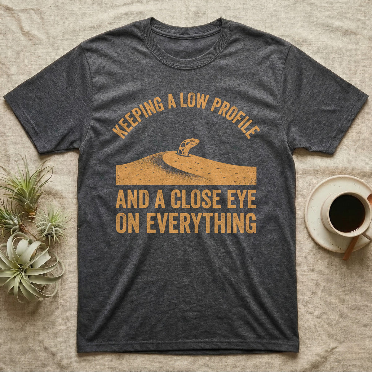 Sand Boa Lookout T-Shirt in Dark Heather — Kenyan sand boa head poking out of a sand dune, Keeping a Low Profile and a Close Eye on Everything