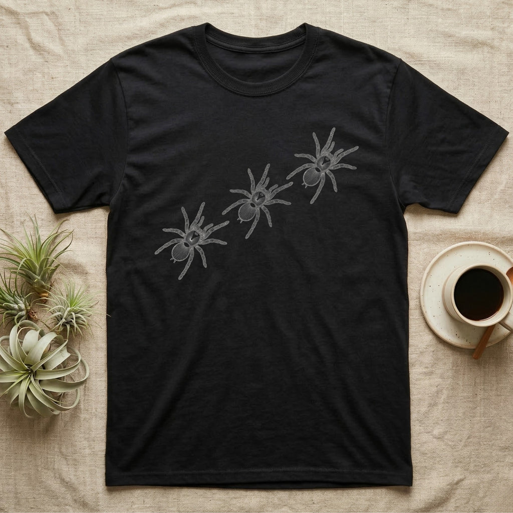 Tarantula Migration Trio T-Shirt in Black — Three tarantulas drawn in fine pale outline, seen from above, walking on a rising diagonal across flat grey.