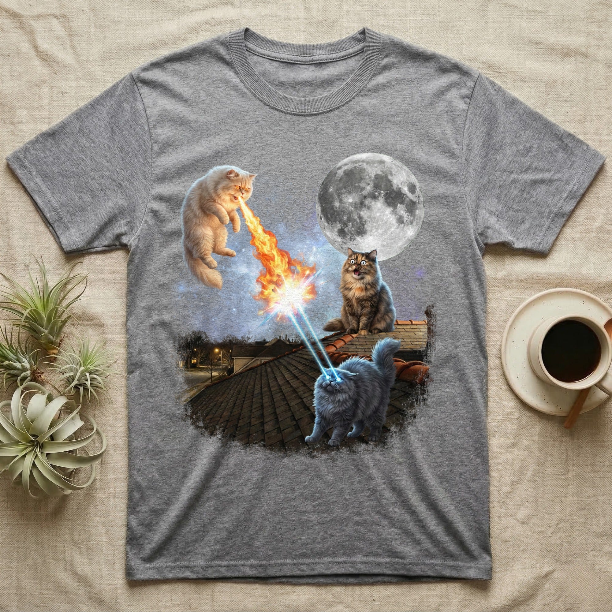 Cats shooting lasers and fire at each other on a rooftop under a full moon.