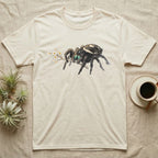 Jumping Spider Blossom T-Shirt in Natural — Watercolor illustration of a black regal jumping spider with iridescent eyes holding a tiny wildflower sprig, on a dark grey t-shirt.