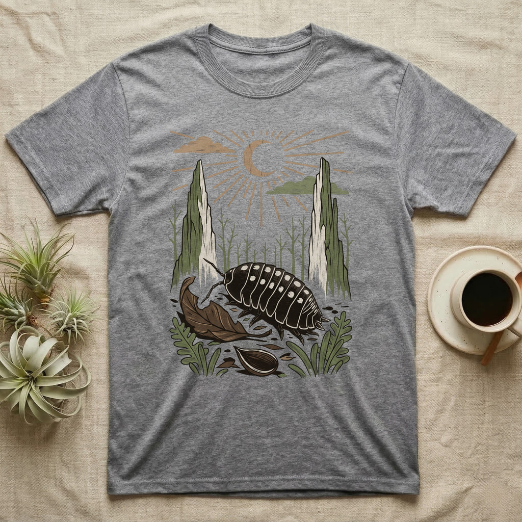 Cubaris Isopod Home Range T-Shirt in Sport Grey — Woodcut-style illustration of a Cubaris isopod walking across leaf litter with cypress knees and saplings behind, no on-shirt text.