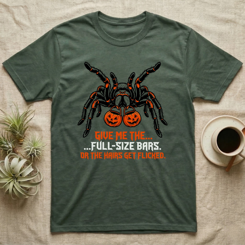 Tarantula Full-Size Bars T-Shirt in Military Green — Black-and-orange tarantula holding two jack-o'-lantern buckets, "Give Me the Full-Size Bars Or the Hairs Get Flicked."
