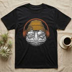 Pacman Frog Chill Beats T-Shirt in Black — Engraved Pacman horned frog with wide bumpy skin in a beanie and headphones, aviators reflecting a woodland pond.